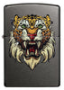 Vue de face briquet Zippo gris avec tête de tigre à dents de sabre