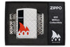 Encendedor Zippo 600 Million vista frontal en óptica de cromo altamente pulido con grabado láser de 360º con el nombre del encendedor rodeado de una llama roja y con una barra negra en el lateral en exclusiva caja de regalo