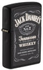 Vue de face 3/4 briquet Zippo noir mat avec logo Jack Daniel's