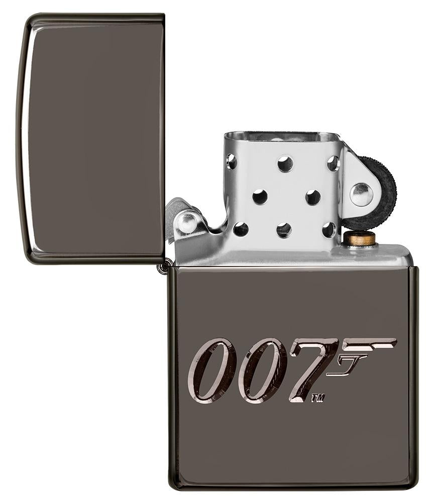 Vue de face briquet Zippo gris brillant 007, ouvert