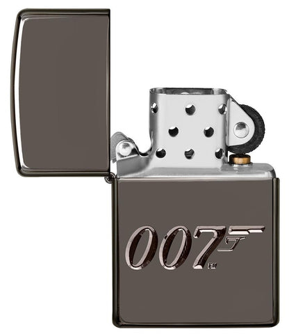 Vue de face briquet Zippo gris brillant 007, ouvert