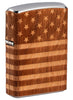 Vue de face 3/4 briquet Zippo chromé Woodchuck drapeau USA 360°