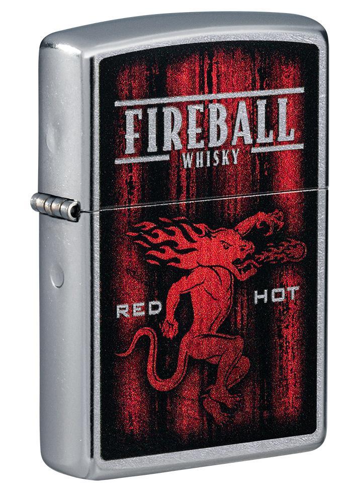 Vue de face 3/4 briquet Zippo chromé whisky Fireball