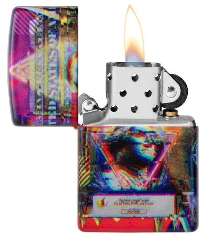 Zippo Feuerzeug 360 Grad Design Dollar Schein mit George Washington Online Only geöffnet mit Flamme