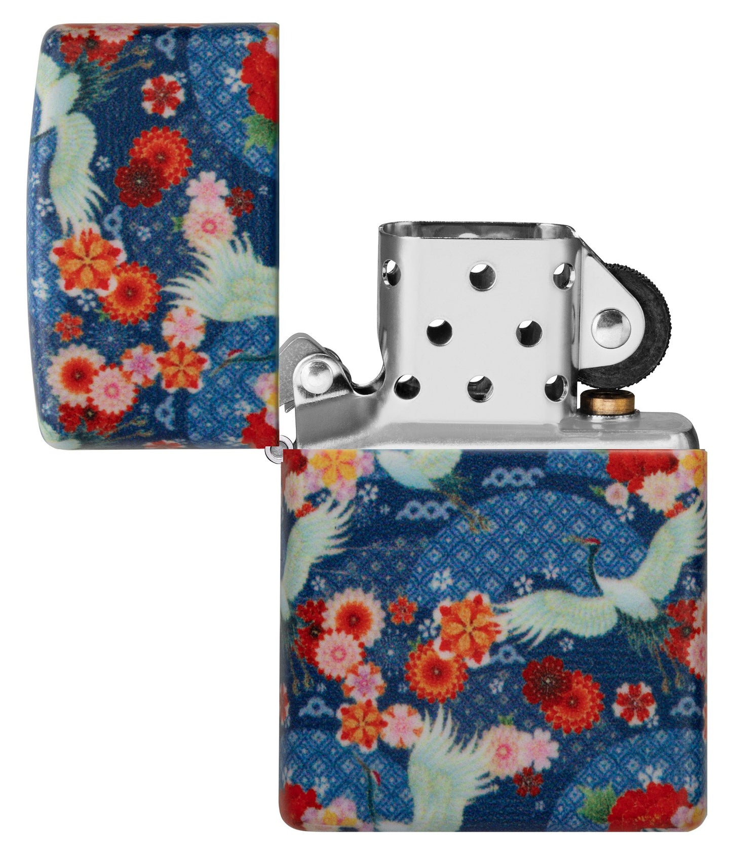 Vista frontal del mechero a prueba de viento Kimono Design lighter abierto, que representa el traje tradicional japonés