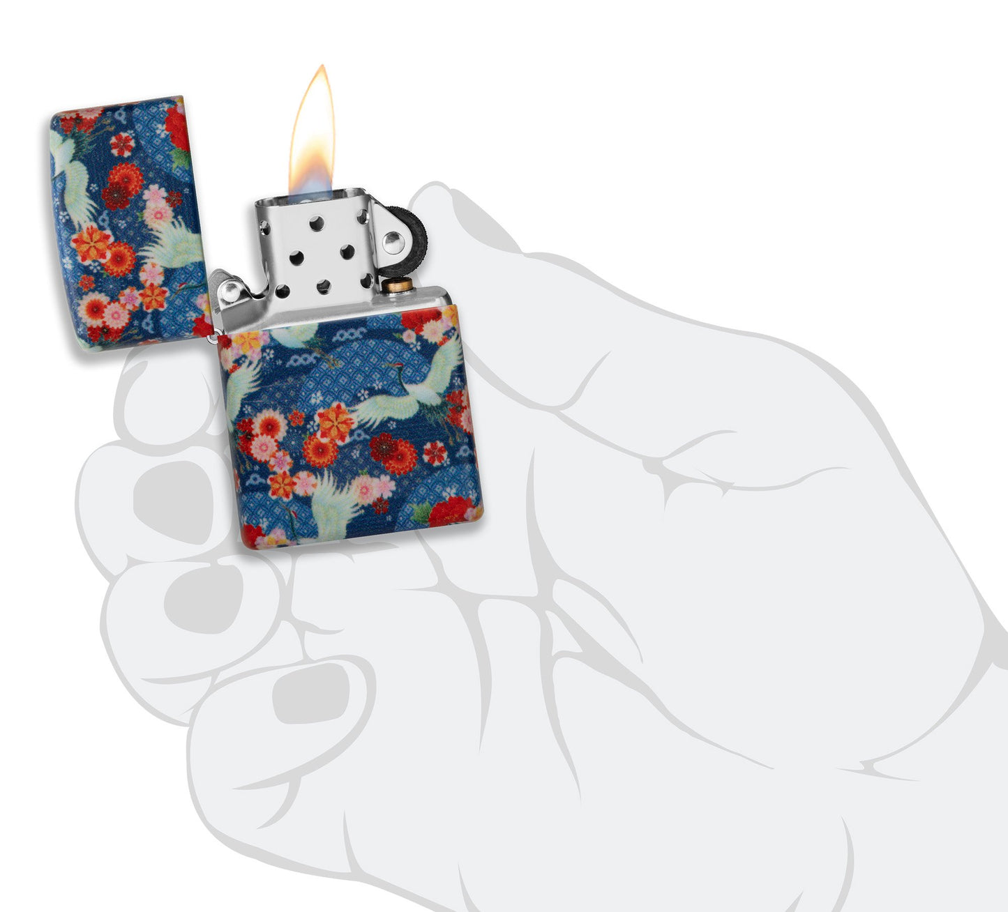 Vista del mechero a prueba de viento Kimono Design, en una mano para representar el tamaño