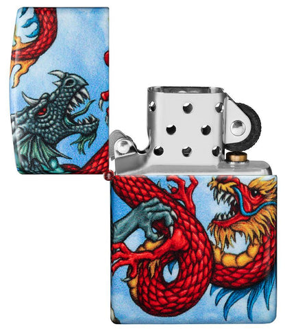 Vue de face briquet Zippo blanc mat 540° Color Image avec dragon, ouvert 