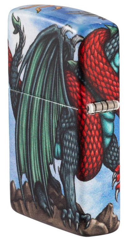 Vue de côté arrière briquet Zippo blanc mat 540° Color Image avec ailes de dragon