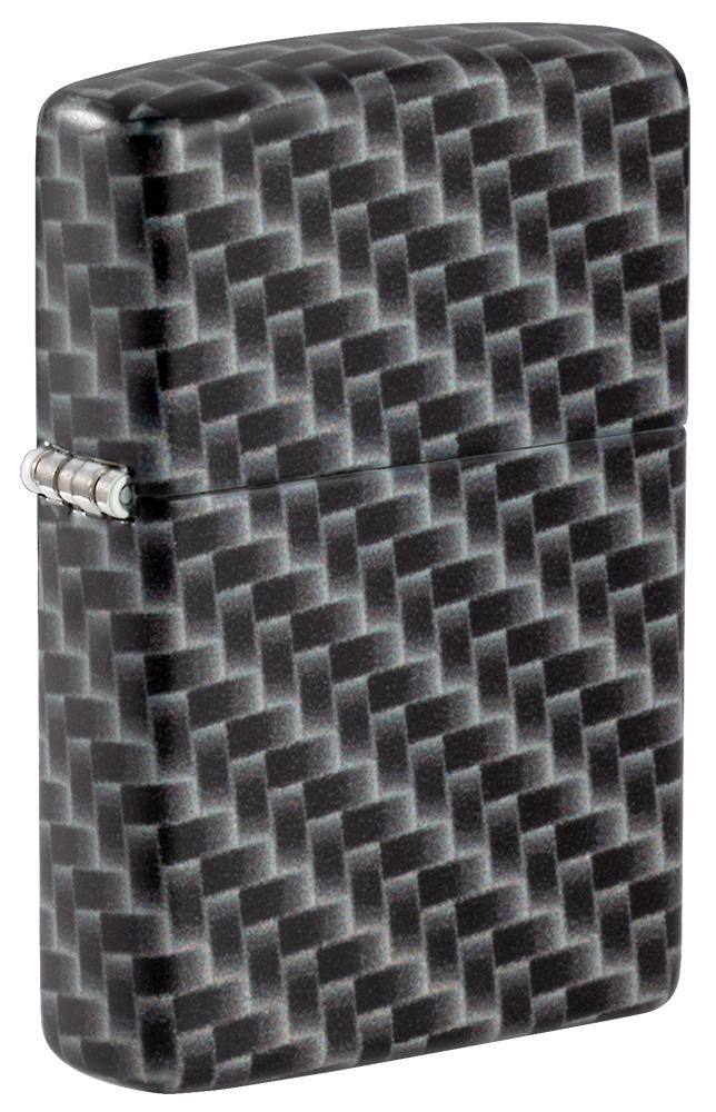 Vue de face 3/4 briquet Zippo blanc mat avec 540° Color Image et motif à carreaux rectangulaires