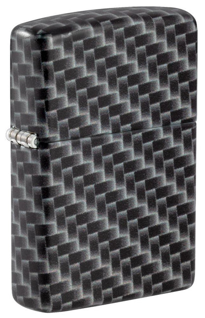 Vue de face 3/4 briquet Zippo blanc mat avec 540° Color Image et motif à carreaux rectangulaires