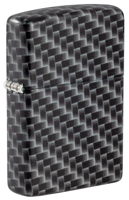 Vue de face 3/4 briquet Zippo blanc mat avec 540° Color Image et motif à carreaux rectangulaires