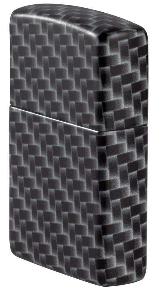Vue de côté briquet Zippo blanc mat avec 540° Color Image et motif à carreaux rectangulaires