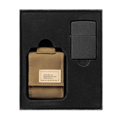 Vue de face coffret cadeau briquet Zippo Black Crackle avec étui beige