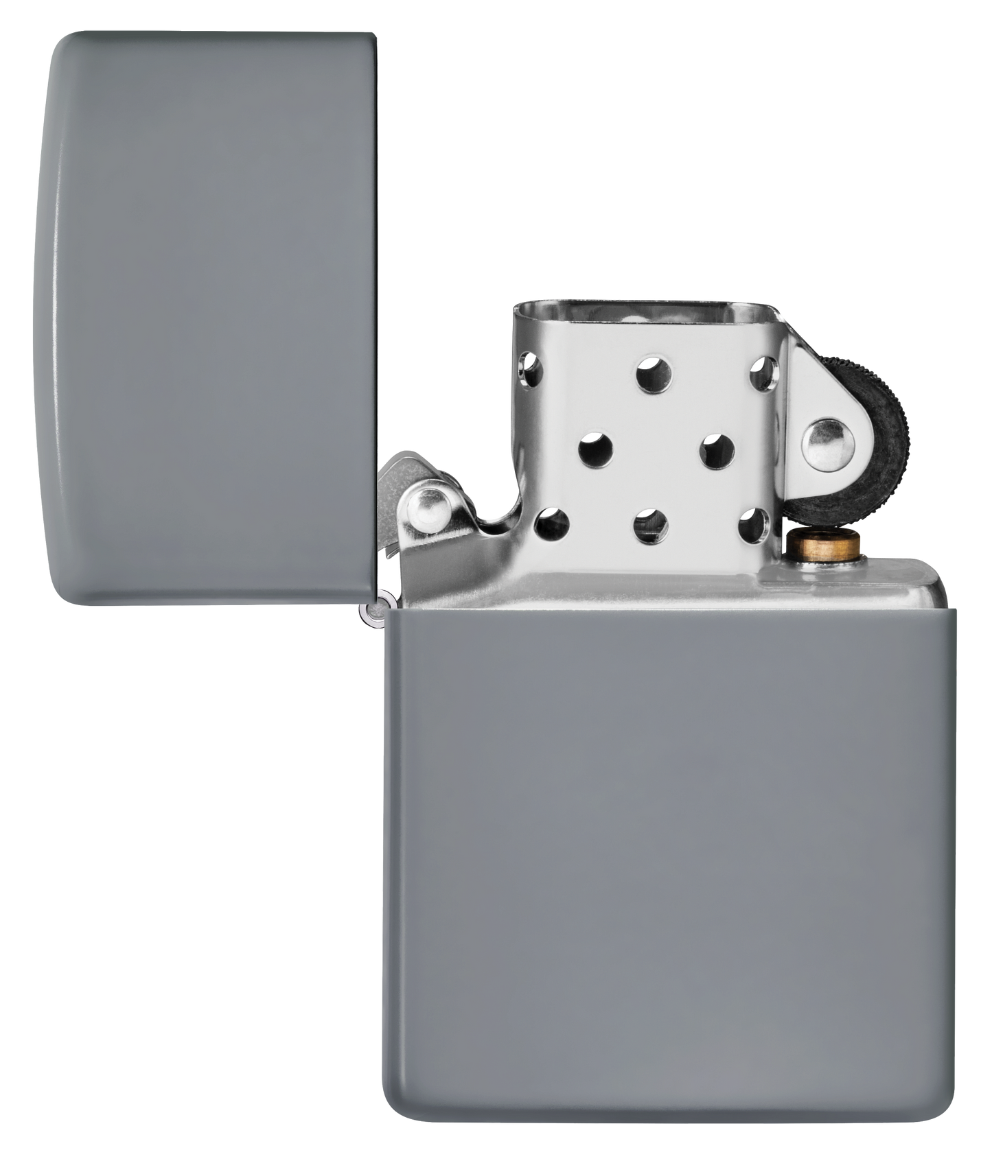 Vista frontal del mechero a prueba de viento Zippo Flat Grey apagado, sin llama