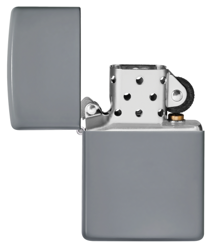Vista frontal del mechero a prueba de viento Zippo Flat Grey apagado, sin llama