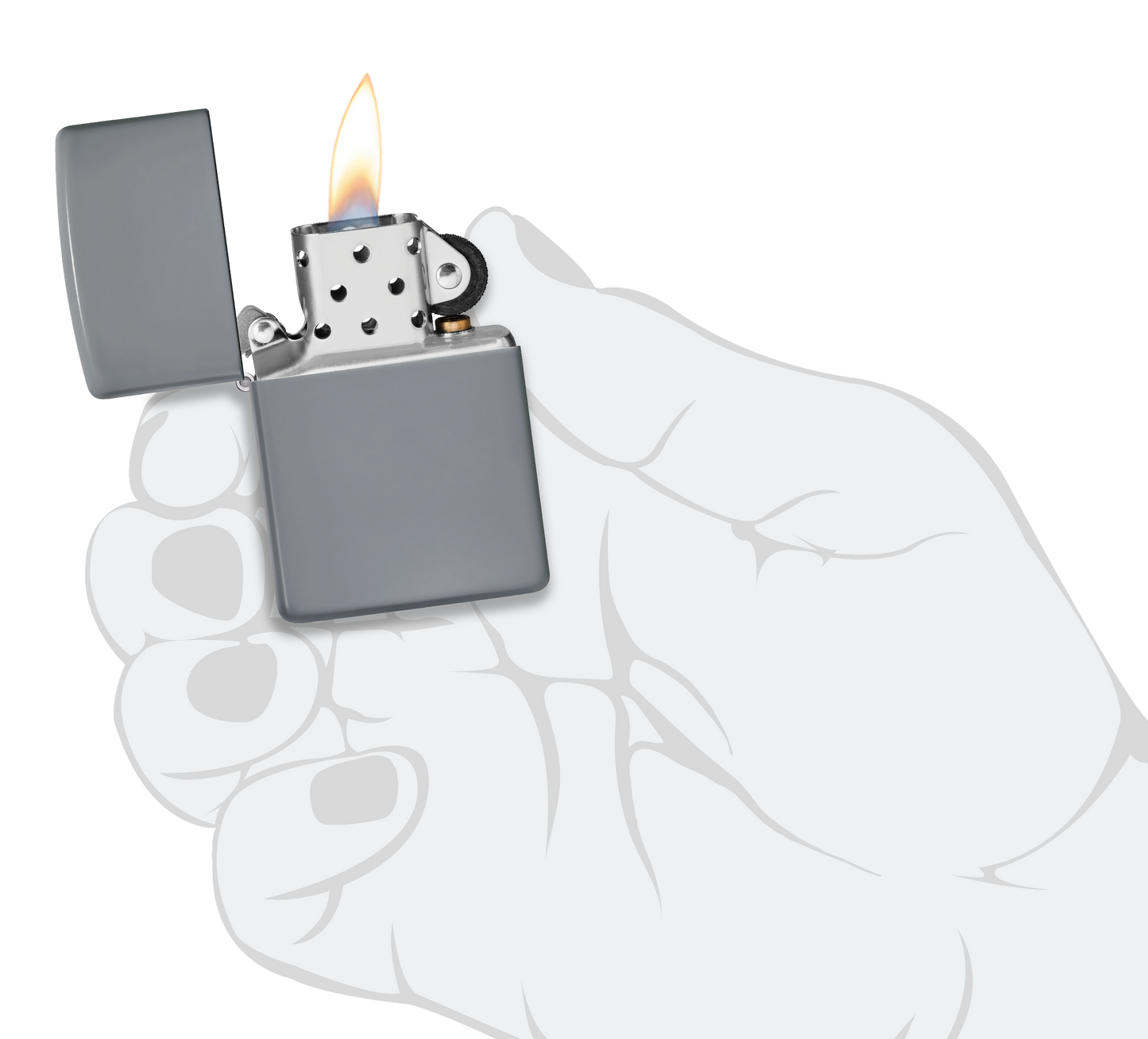 Mechero a prueba de viento Zippo Flat Grey en una mano para representar el tamaño del mechero