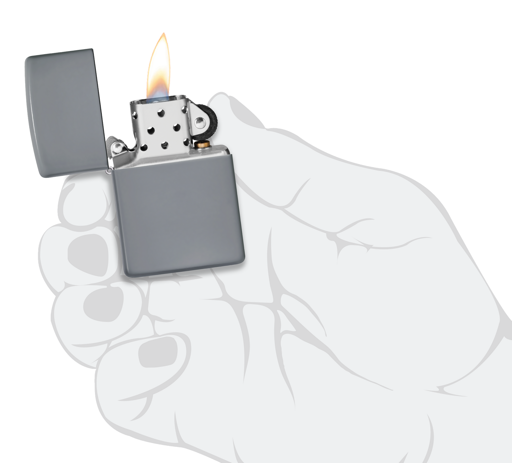 Mechero a prueba de viento Zippo Flat Grey en una mano para representar el tamaño del mechero
