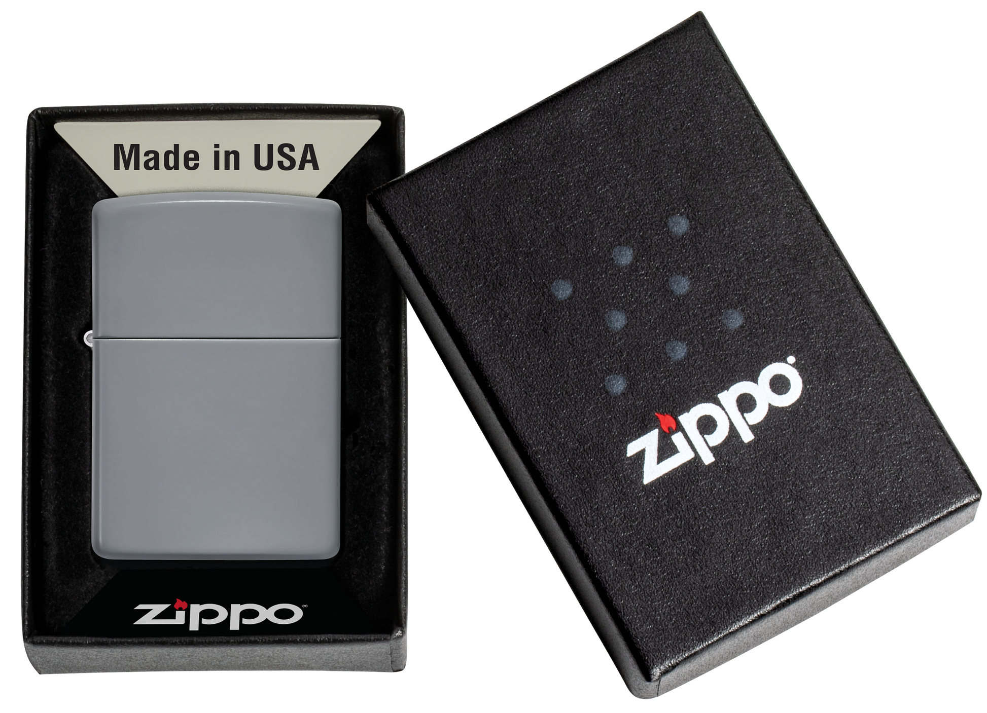 Mechero a prueba de viento Zippo Flat Grey en su caja de regalo