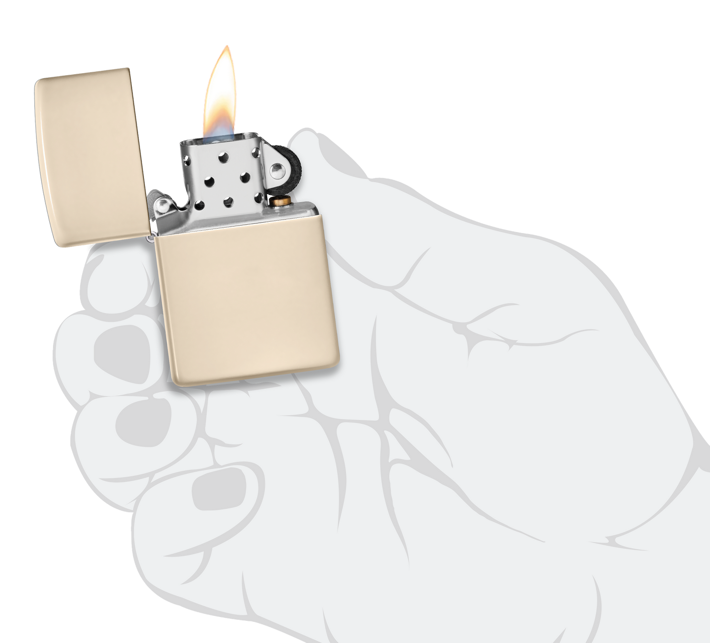 Mechero a prueba de viento Zippo Flat Sand en una mano para representar el tamaño del mechero