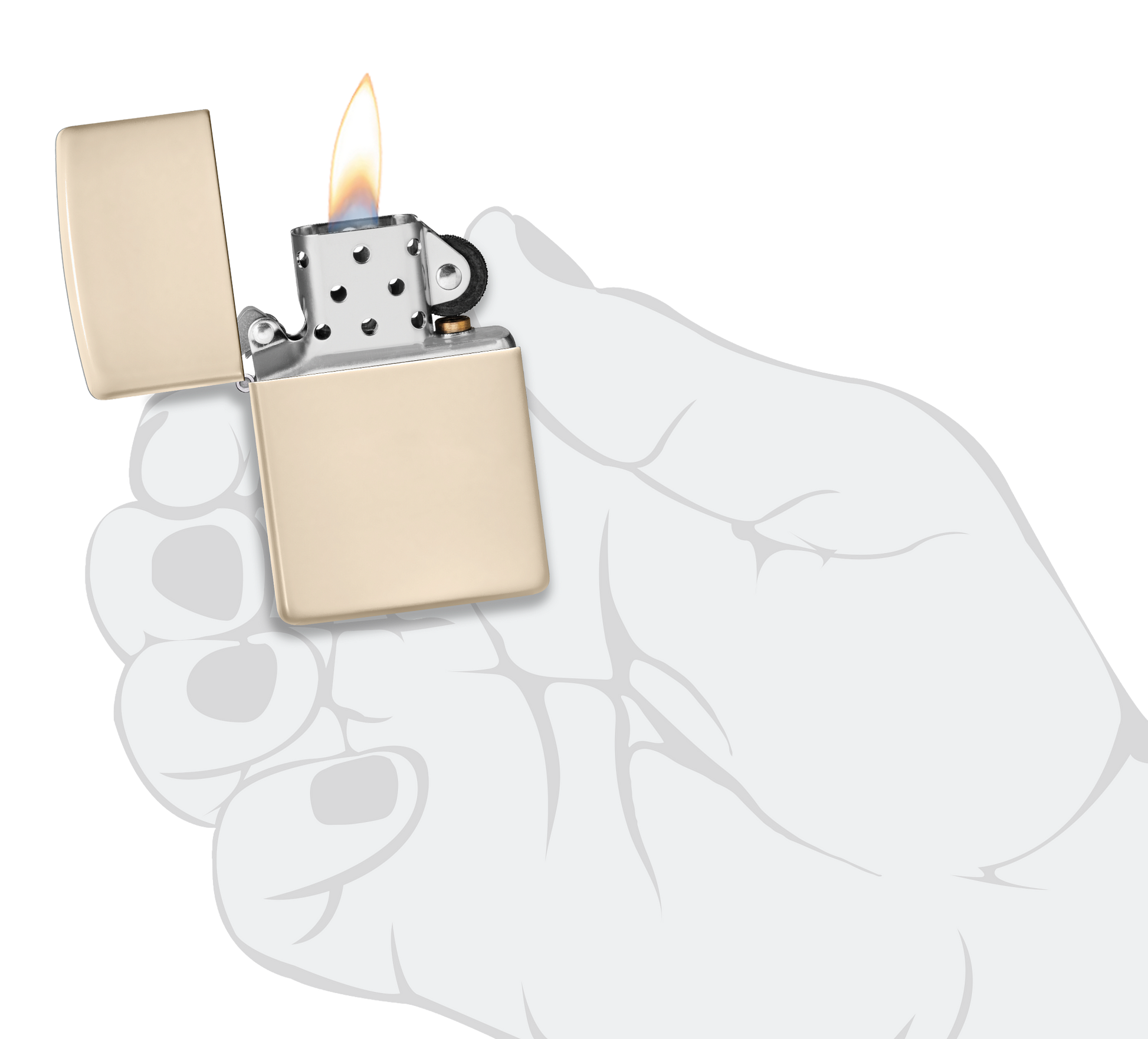 Mechero a prueba de viento Zippo Flat Sand en una mano para representar el tamaño del mechero
