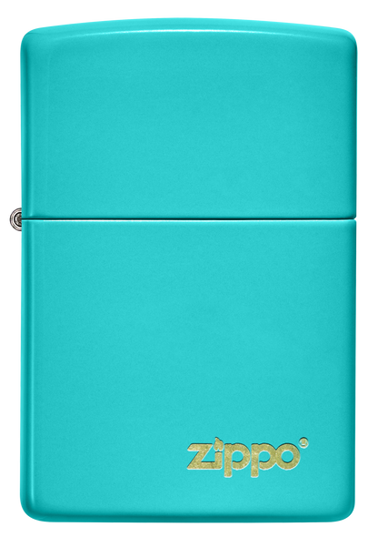 Vista frontal del mechero a prueba de viento Zippo Flat Turquoise con logo