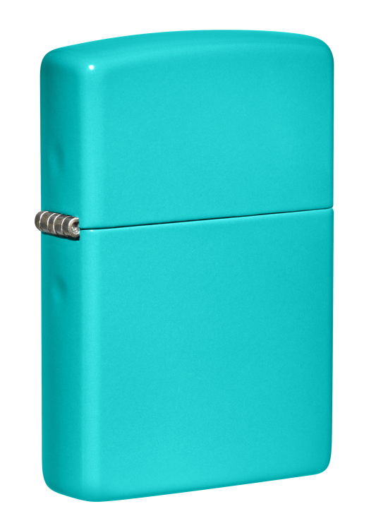 Vista de tres cuartos del mechero a prueba de viento Zippo Flat Turquoise