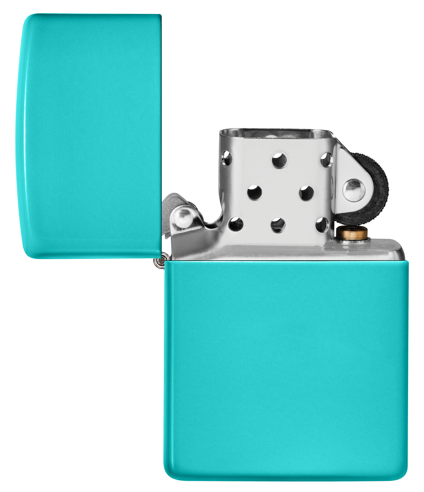 Vista frontal del mechero a prueba de viento Zippo Flat Turquoise apagado, sin llama