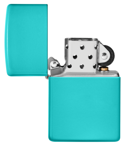 Vista frontal del mechero a prueba de viento Zippo Flat Turquoise apagado, sin llama
