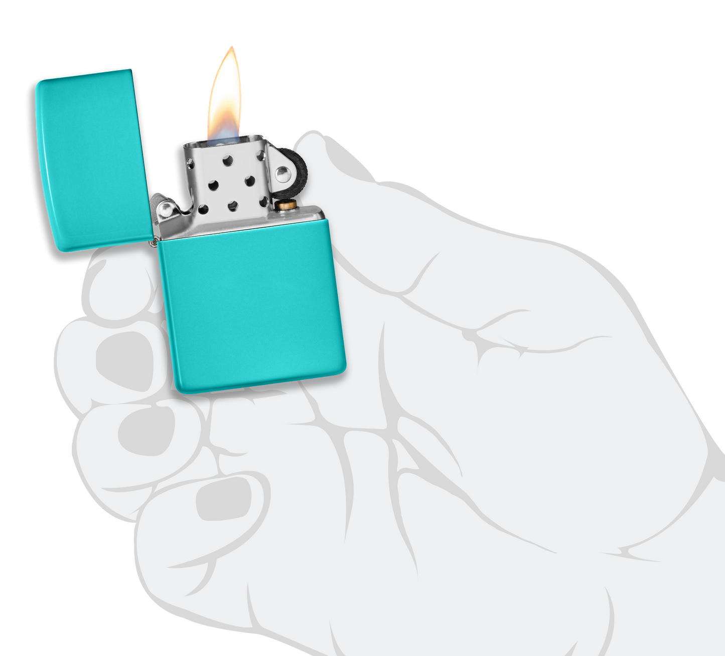 Mechero a prueba de viento Zippo Flat Turquoise en una mano para representar el tamaño del mechero