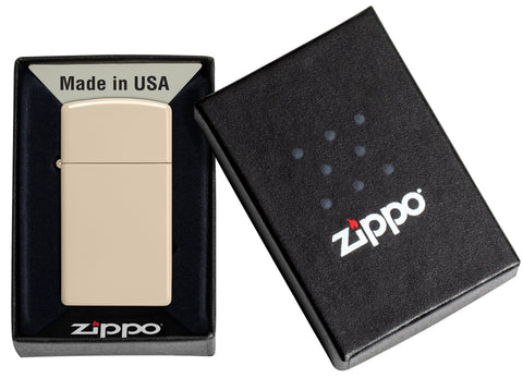  Zippo Feuerzeug Slim Flat Sand Basismodell in geöffneter Geschenkdose