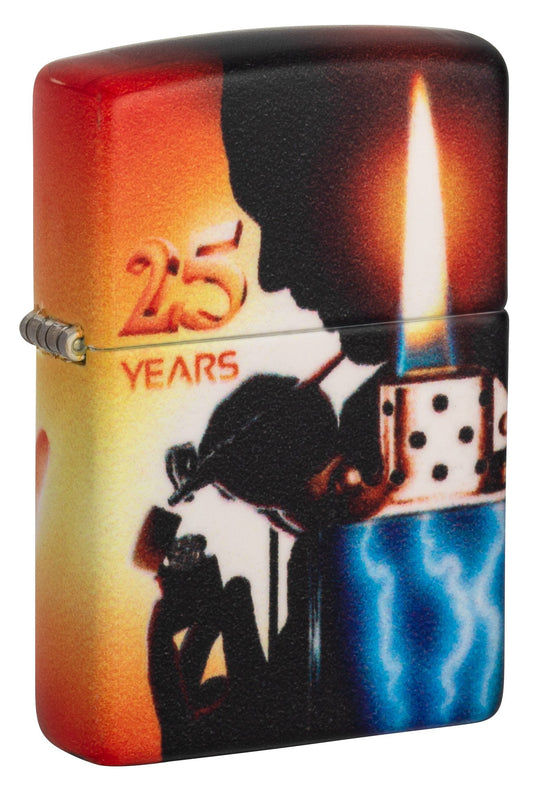Vista frontal 3/4 Ángulo Encendedor Zippo 25 Años Coleccionable Aerógrafo Claudio Mazzi Diseño 540 Grados
