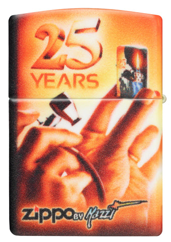 Vista trasera encendedor Zippo 25 años coleccionable Airbrush Claudio Mazzi 540 grados de diseño con el logotipo