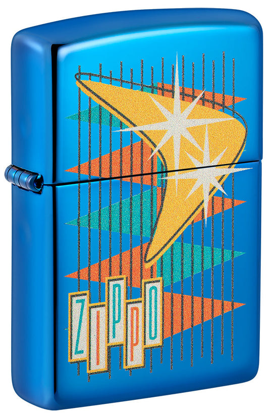 Encendedor Zippo vista frontal ¾ de ángulo azul de alto brillo en estilo retro con muchos triángulos de colores, así como el logotipo