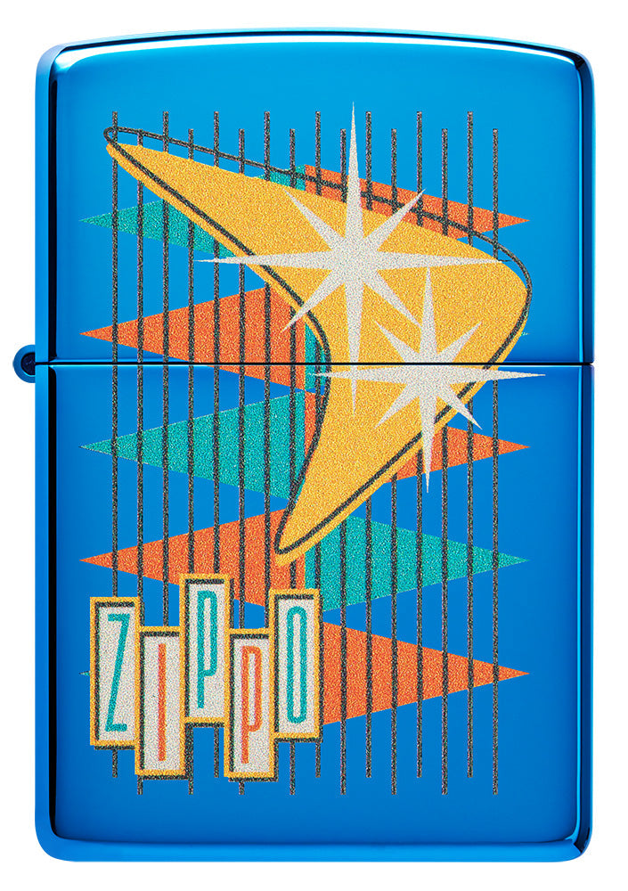 Encendedor Zippo vista frontal azul de alto brillo en estilo retro con muchos triángulos de colores y el logotipo