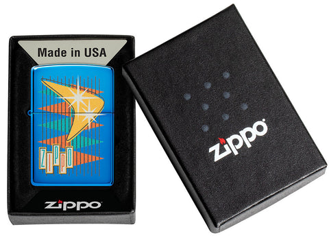 Encendedor Zippo azul de alto brillo en estilo retro con muchos triángulos de colores y logotipo en caja de regalo negra abierta