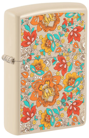 Encendedor Zippo vista frontal ¾ ángulo de impresión de color arena con patrón floral de estilo hippie