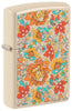 Encendedor Zippo vista frontal ¾ ángulo de impresión de color arena con patrón floral de estilo hippie