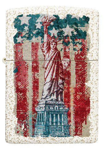 Encendedor Zippo vista frontal Mercury Glass con imagen coloreada de la Estatua de la Libertad y la bandera americana en el fondo