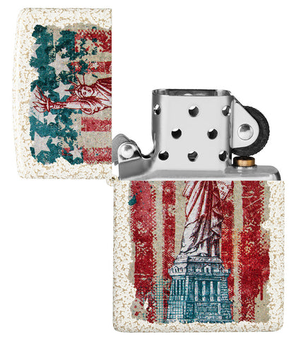 Encendedor Zippo vista frontal Mercury Glass abierto con imagen coloreada de la Estatua de la Libertad y la bandera americana en el fondo