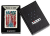 Encendedor Zippo vista frontal Mercury Glass con imagen coloreada de la Estatua de la Libertad y la bandera americana en el fondo en caja de regalo abierta