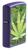 Encendedor Zippo Vista Lateral ¾ Ángulo Morado Mate con Ilustración de Planta de Cannabis
