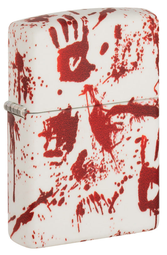 Encendedor Zippo vista frontal ¾ de ángulo 540 grados diseño blanco mate con huellas de manos sangrientas