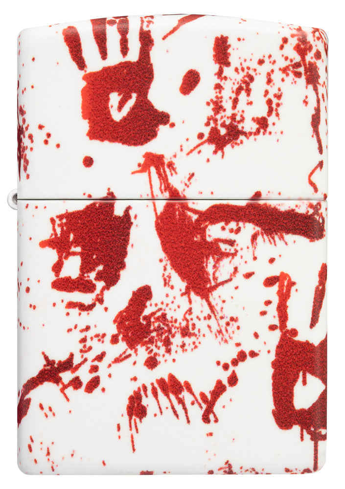 Encendedor Zippo Vista frontal Diseño de 540 grados Blanco mate con huellas de manos sangrientas