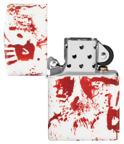 Encendedor Zippo diseño 540 grados blanco mate con huellas de manos ensangrentadas abierto sin llama