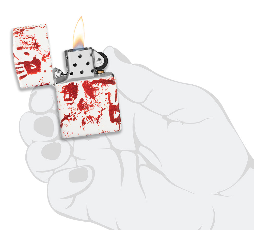 Encendedor Zippo 540 grados de diseño blanco mate con huellas de manos ensangrentadas abierto con llama