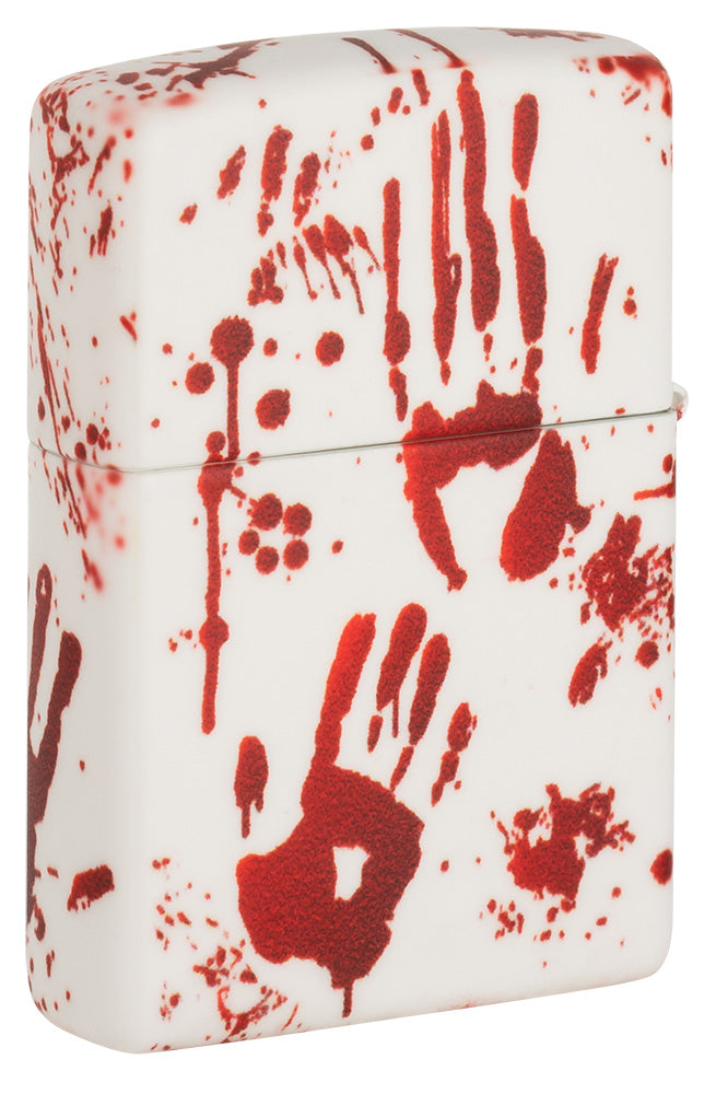 Encendedor Zippo vista trasera ¾ ángulo 540 grados diseño blanco mate con huellas de manos sangrientas