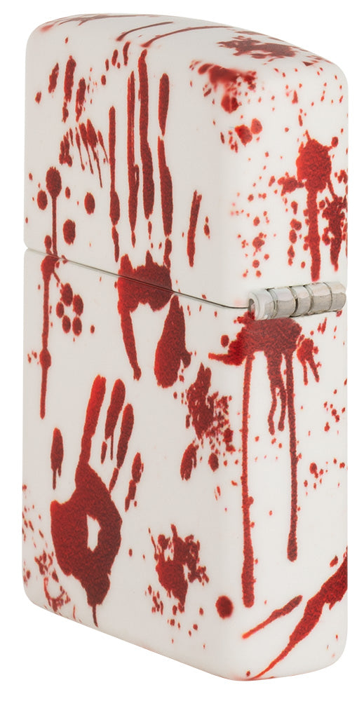 Encendedor Zippo Vista Lateral Trasera ¾ Ángulo 540 Grados Diseño Blanco Mate con Huellas de Manos Sangrientas