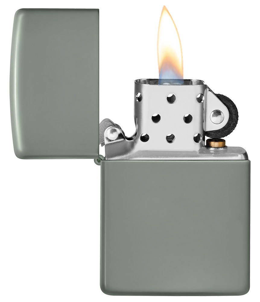 Encendedor Zippo Modelo Básico Gris Salvia Suave Abierto con Llama