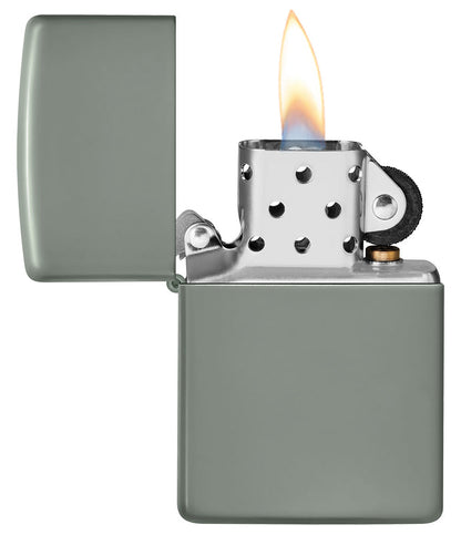Encendedor Zippo Modelo Básico Gris Salvia Suave Abierto con Llama