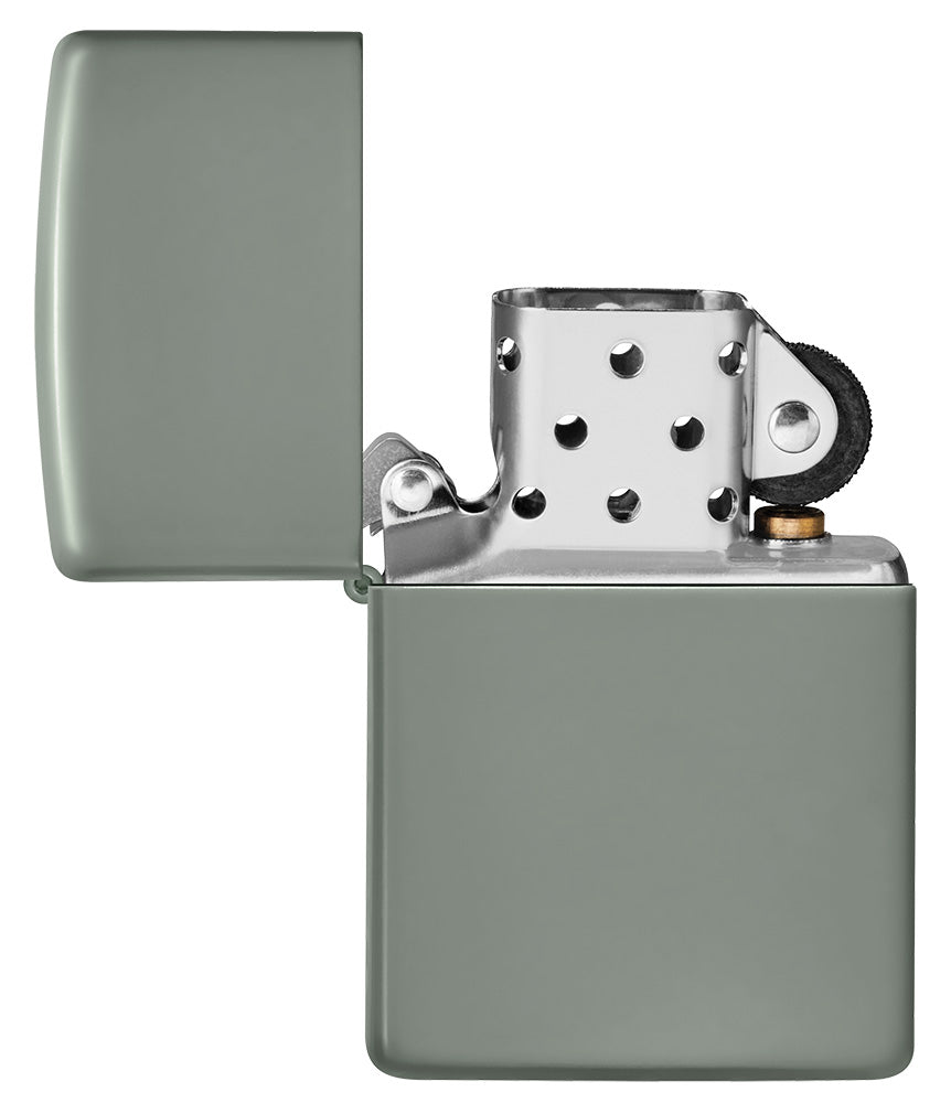 Encendedor Zippo Modelo Básico Gris Salvia Suave Abierto Sin Llama